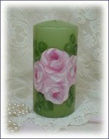 Beautiful Deep Sage Pillar Candle-Shabby Chic,Cottage,Decor,Art,Hand Painted Roses,Victorian,Romantic,Vintage,Pink Roses,Candle